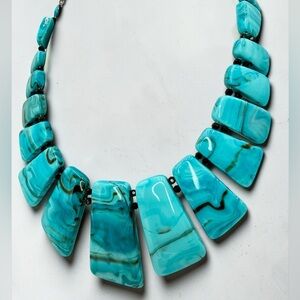 Bold Turquoise Resin Slab Statement Necklace Black Crystal 16” Collar Southwest